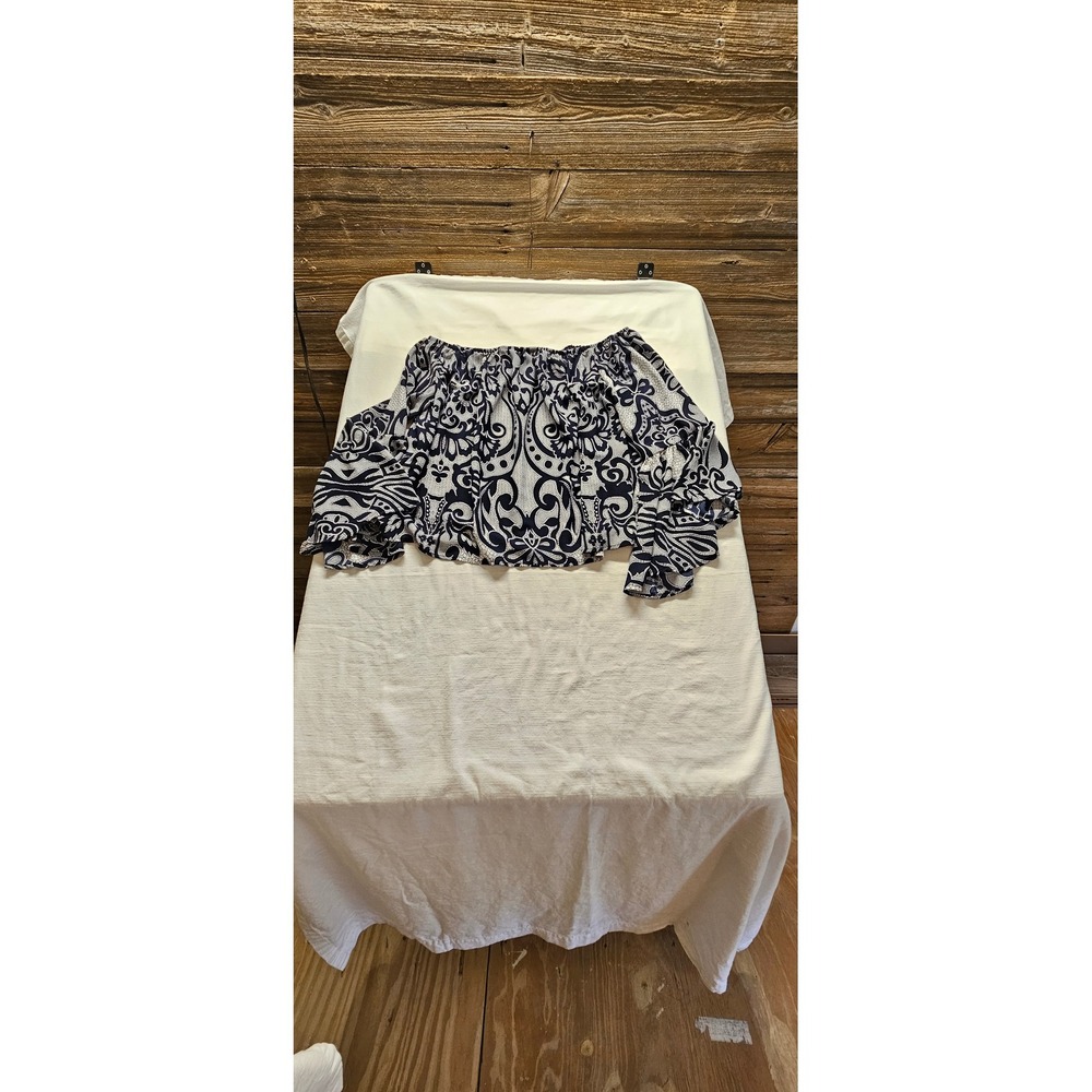 Cato Womens Off The Shoulder Bell Sleeve Paisley Blouse Navy Blue White 18/20W